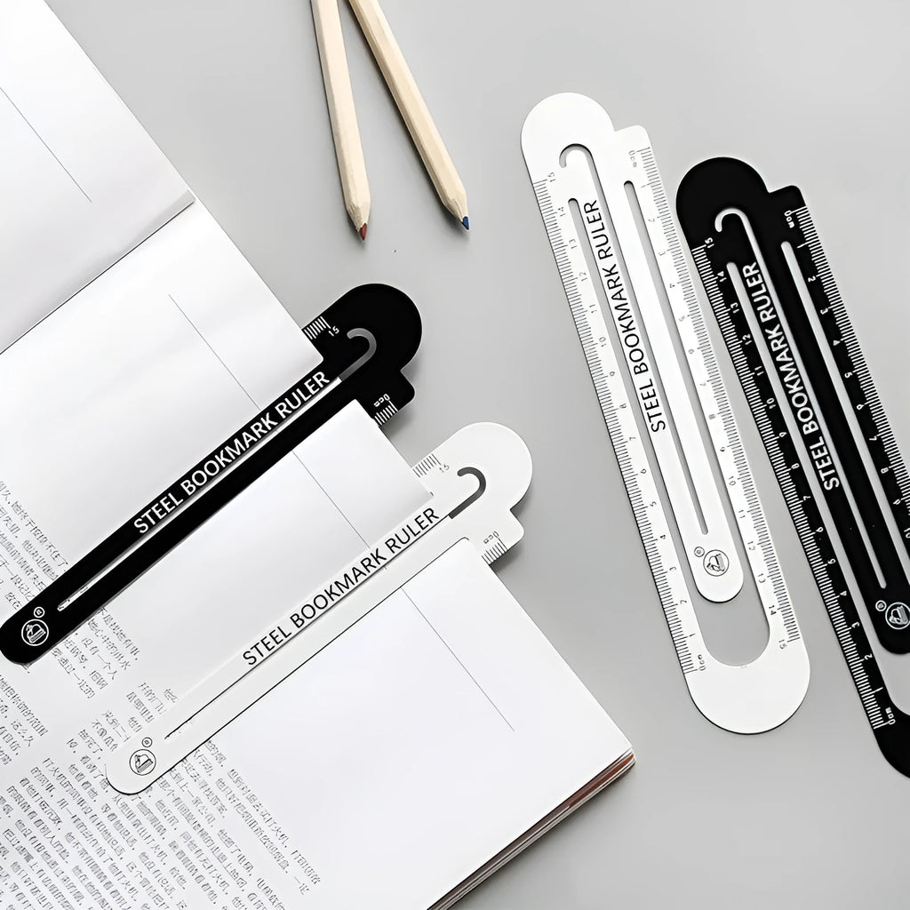 Black and white two-sided steel ruler measuring 12cm in length
