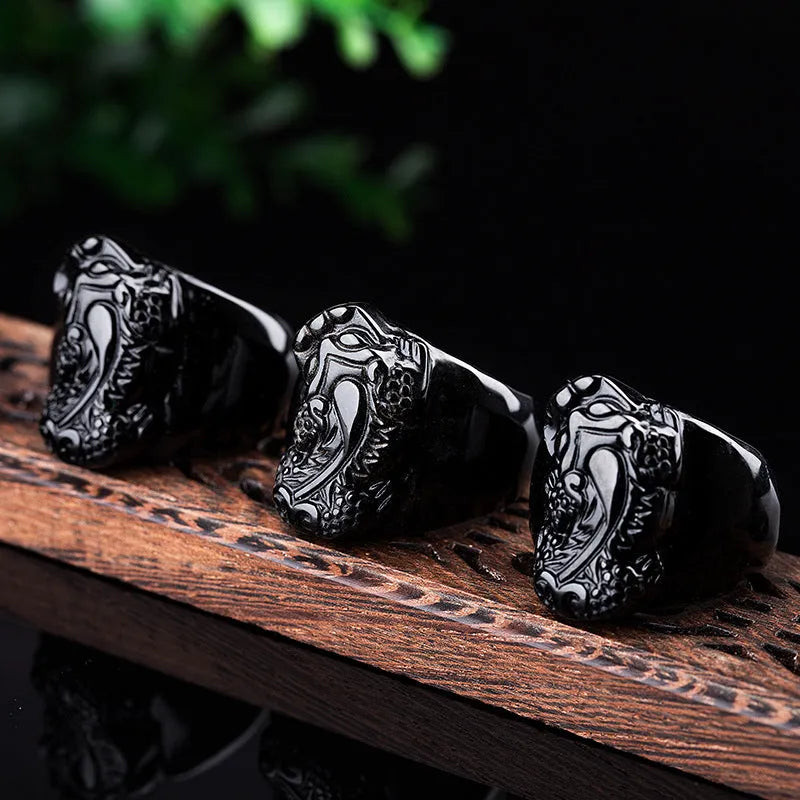 Men's obsidian Pixiu ring with natural gold sheen crystal in traditional Chinese design