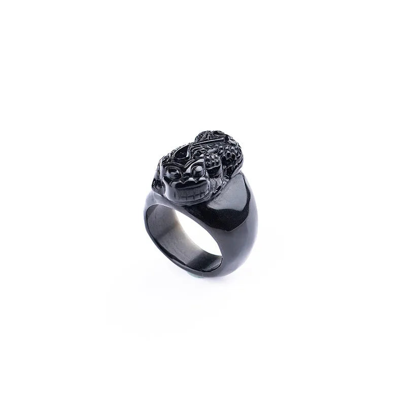 Men's obsidian Pixiu ring with natural gold sheen crystal in traditional Chinese design
