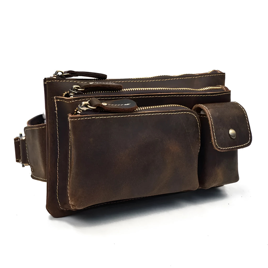 Men's first layer cowhide leather waist bag crossbody bag 24cm in dark brown with multiple zippered compartments