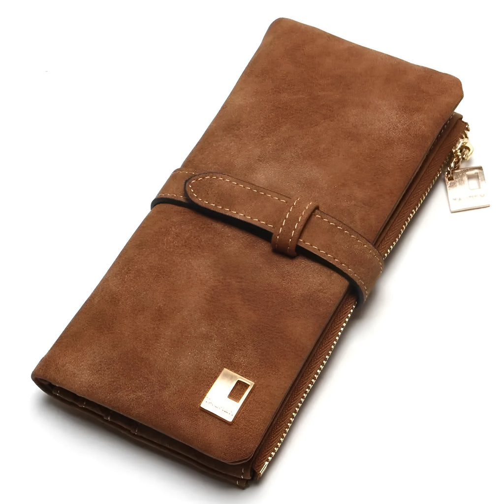 Long vertical matte PU leather wallet in army green with a zip, shown open to reveal card slots and internal pockets.