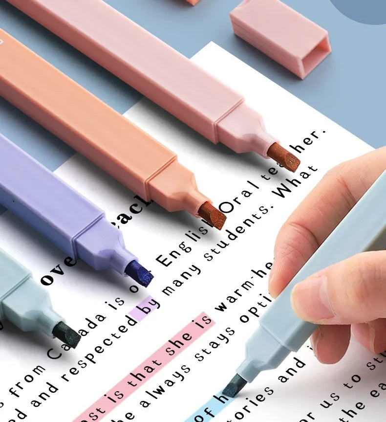 Set of six double-headed fluorescent highlighter pens with assorted barrel colours on a white surface.