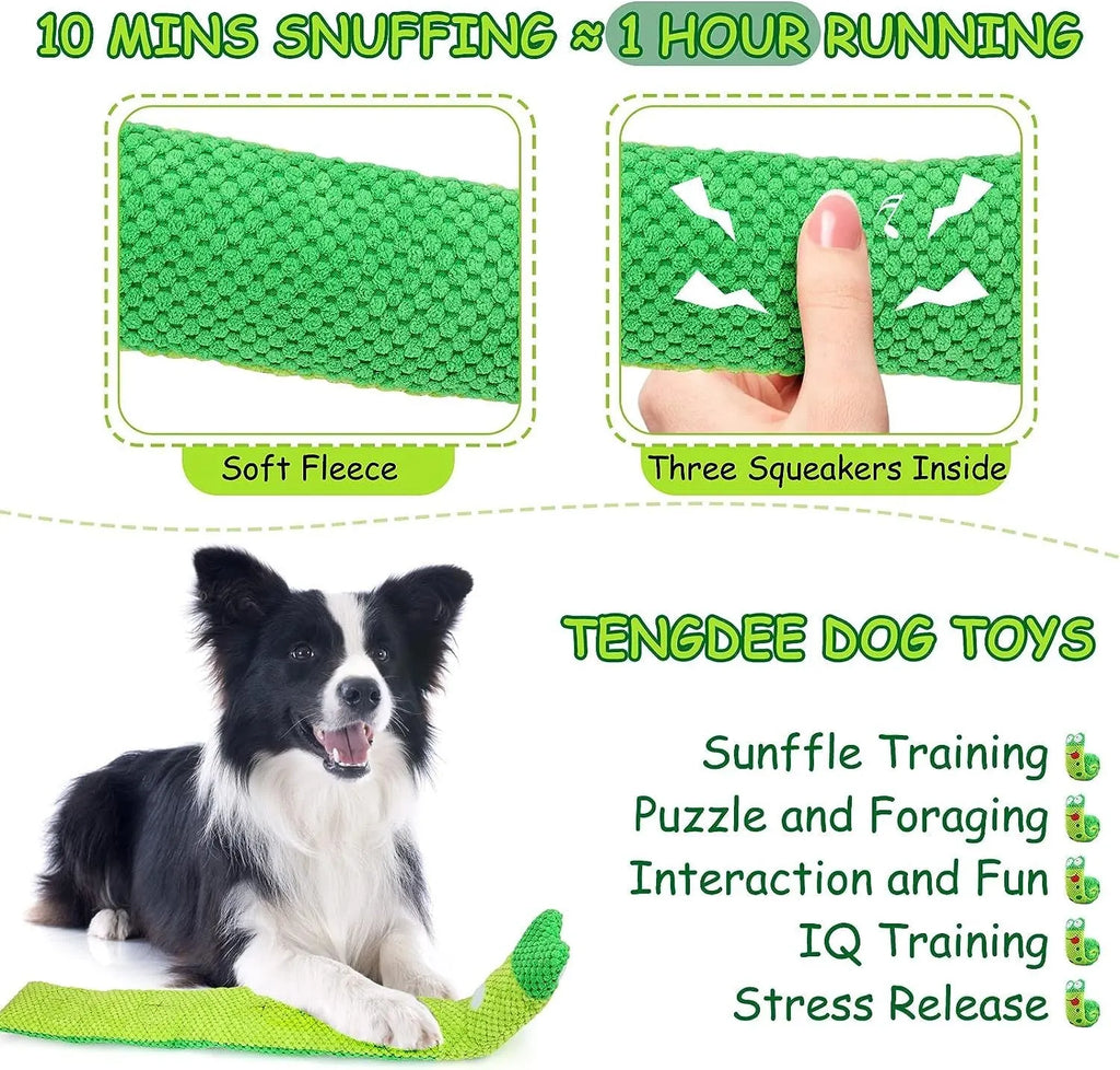 Interactive squeak dog toy in snail shape with thick velvet fabric, unfolds into a stick.