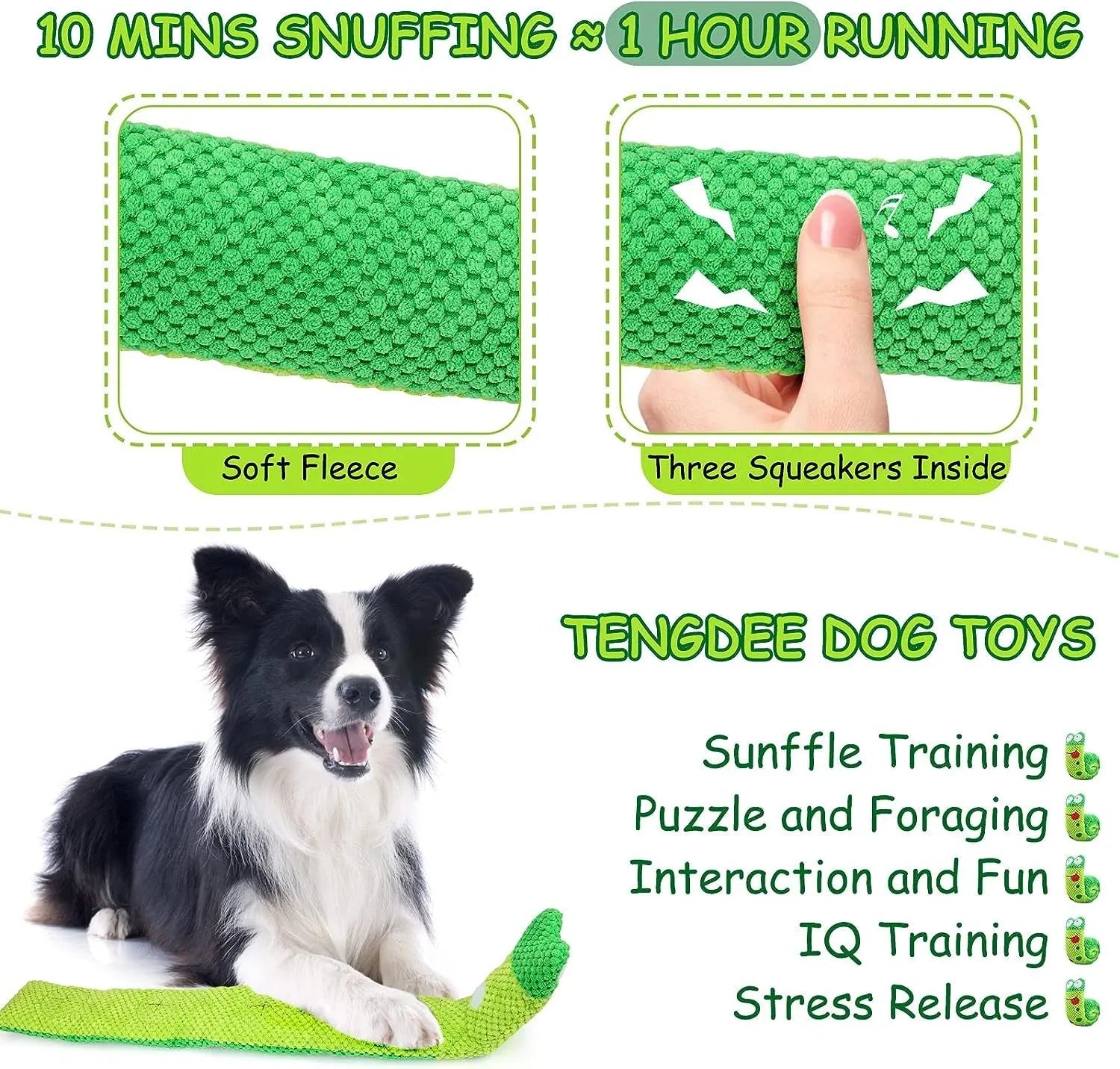 Interactive squeak dog toy in snail shape with thick velvet fabric, unfolds into a stick.
