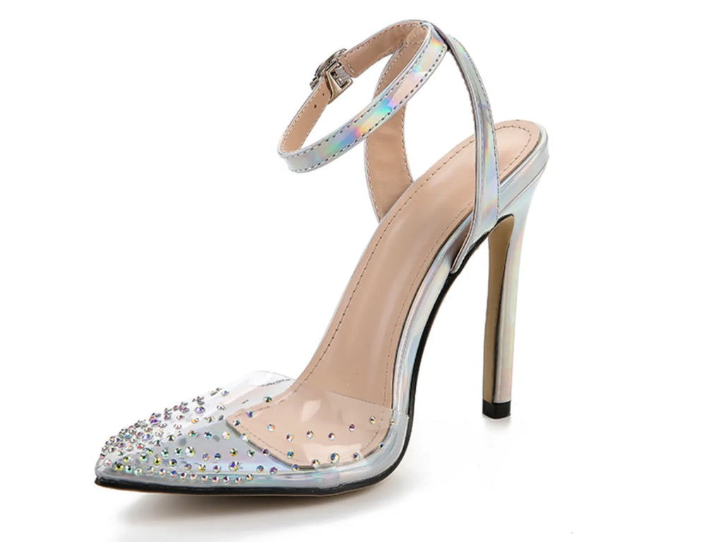 Women's pointed toe sandals with stiletto heels, diamond detail on PVC upper, shown on a size chart.
