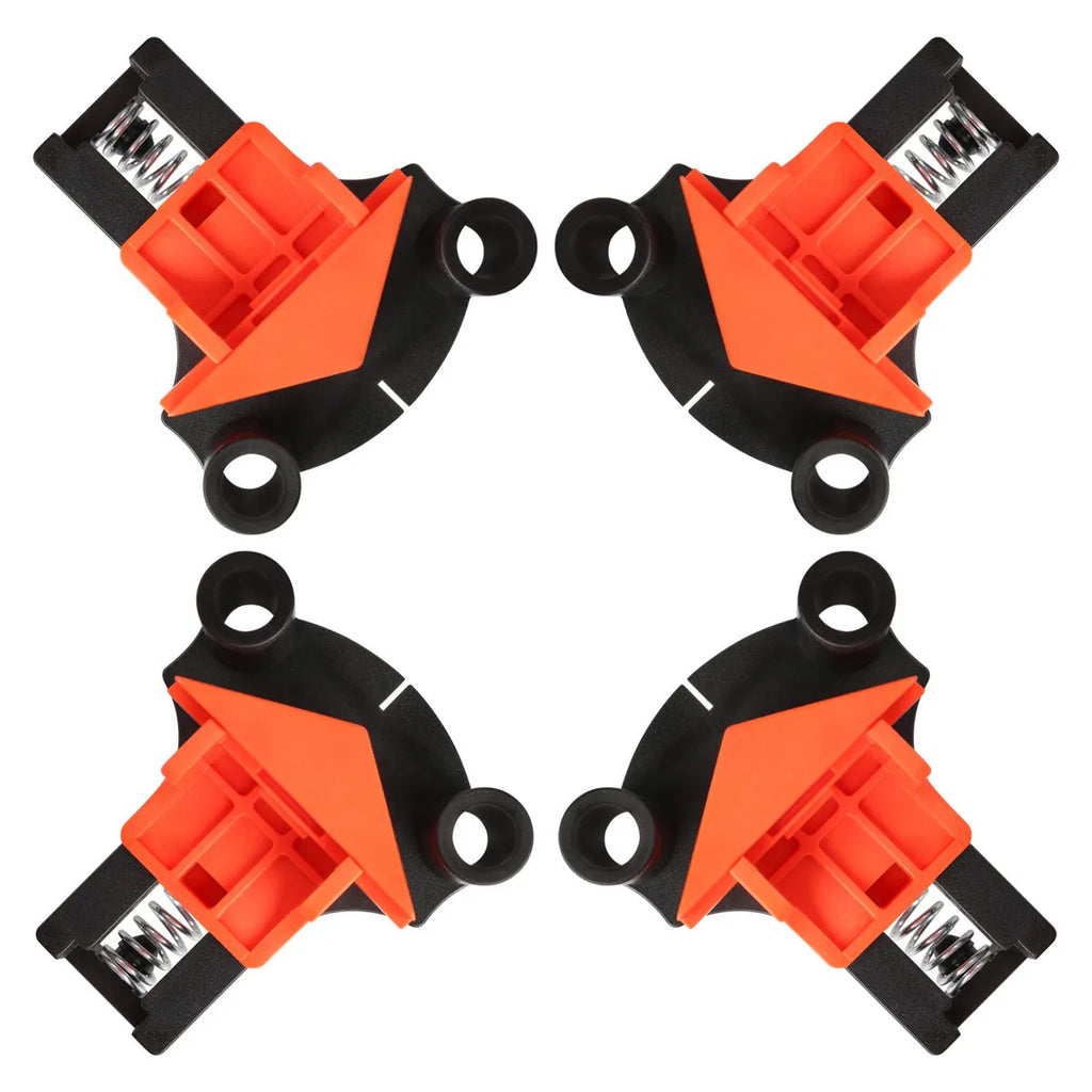 Four plastic 90-degree right angle clips for picture frame assembly and woodworking