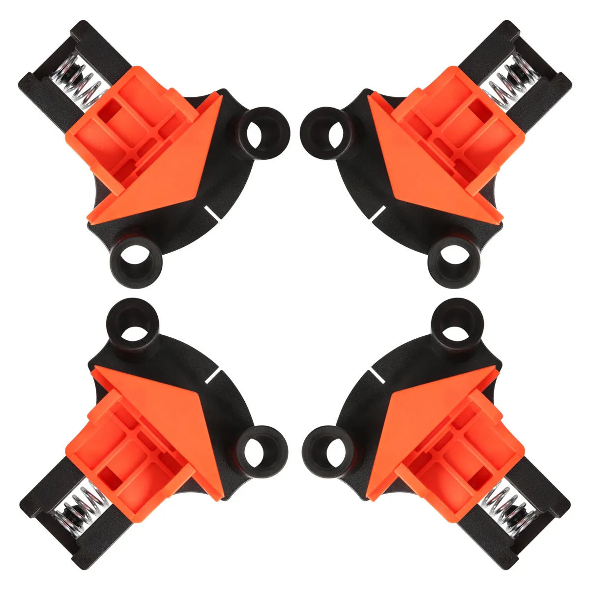 Four plastic 90-degree right angle clips for picture frame assembly and woodworking