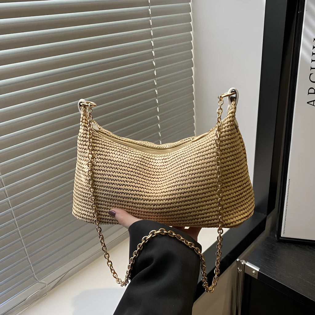 Straw woven shoulder tote bag in horizontal square shape with sandwich pocket and mobile phone compartment