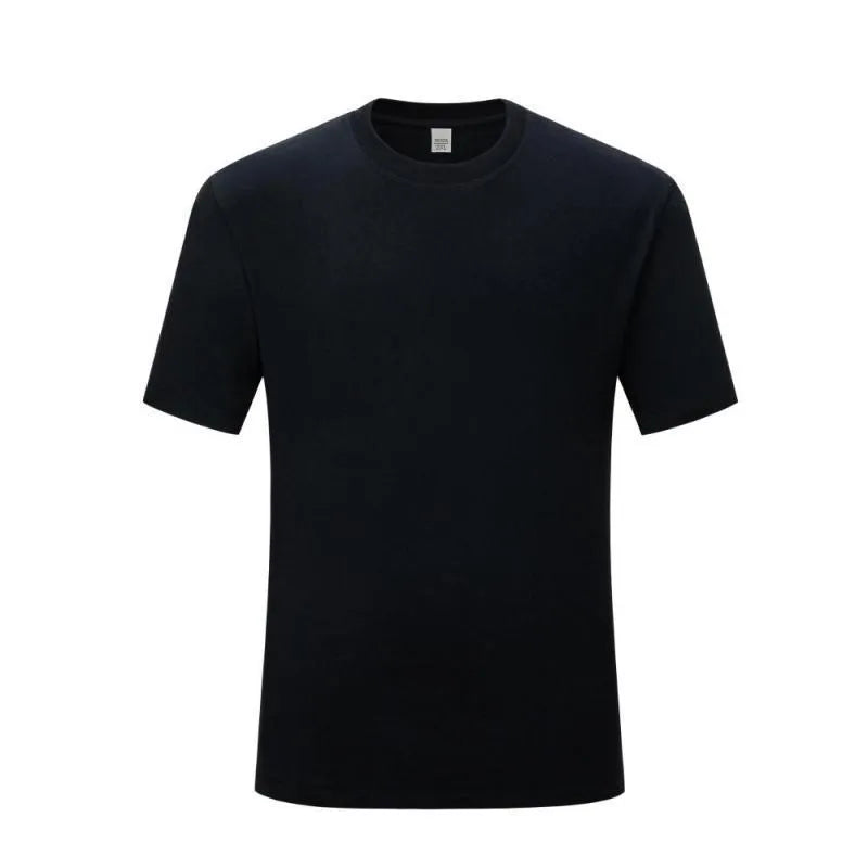 Men's solid colour cotton short-sleeved t-shirt on a hanger, shown in white and black.