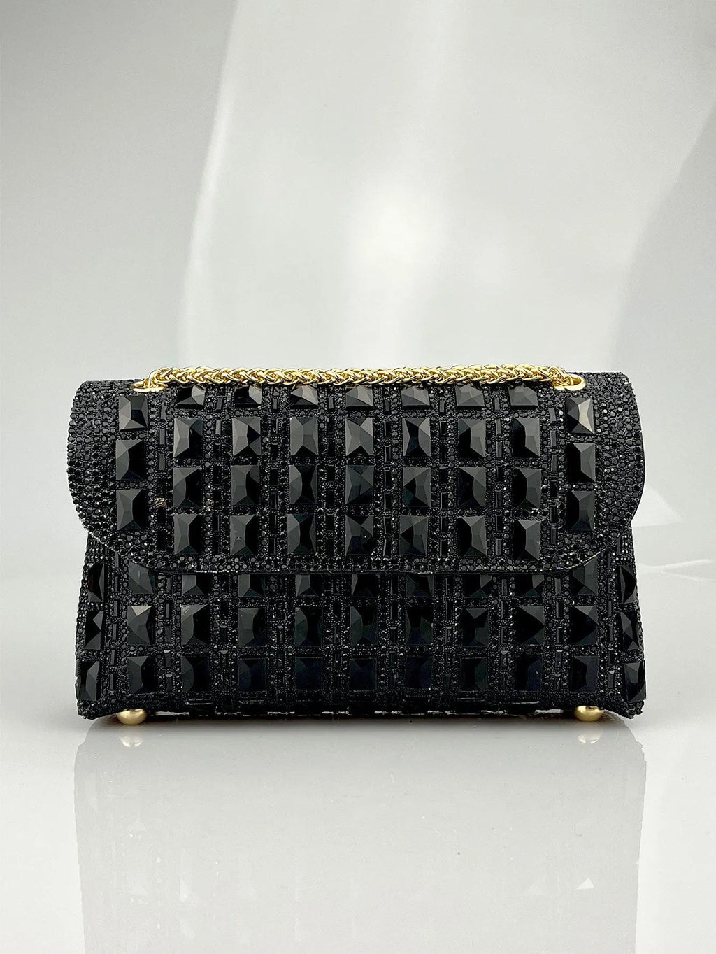 Shiny glass rhinestone chain clutch bag in horizontal square shape with open pocket