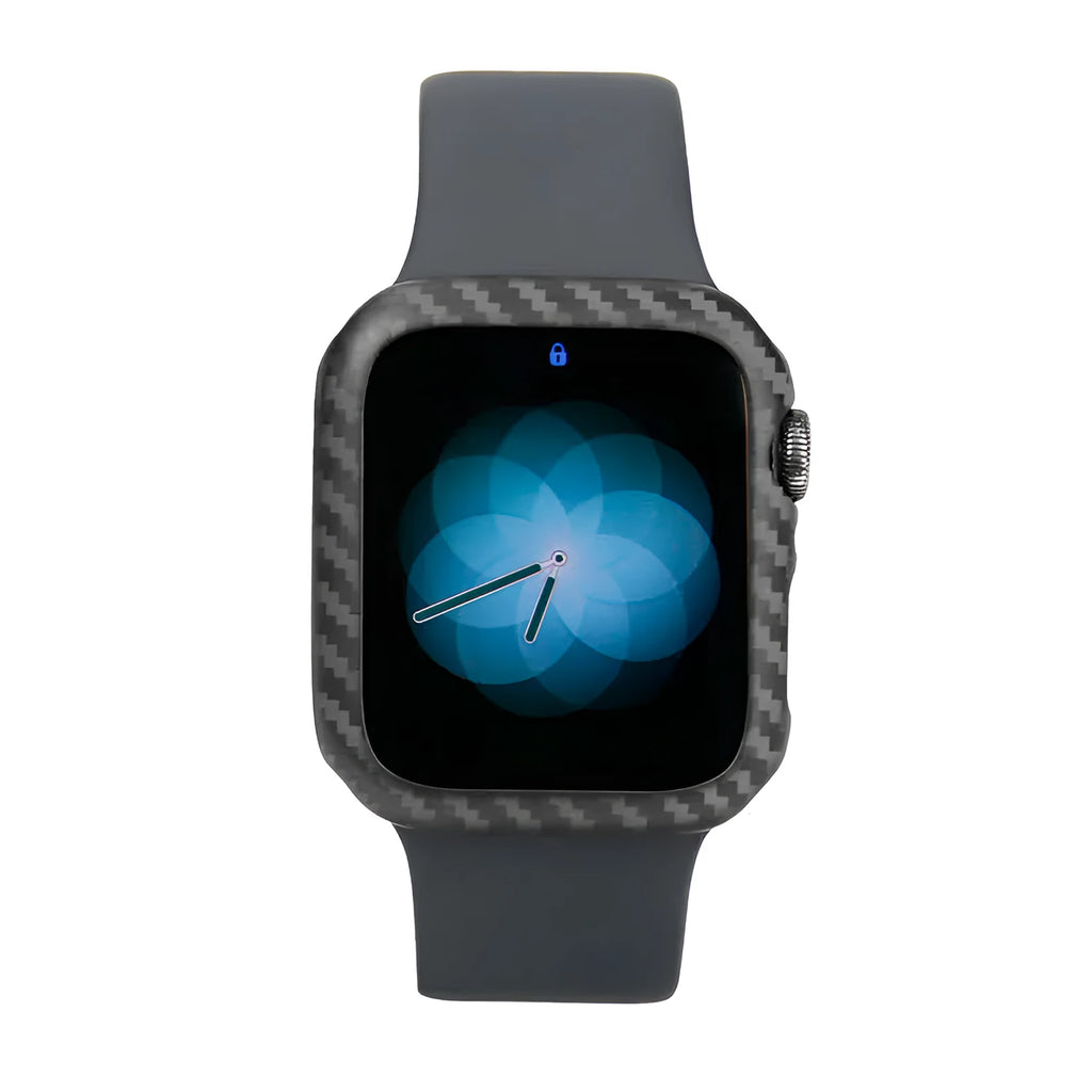 Carbon fibre and leather half-wrap protective case for 44mm Apple Watch Series 4 in black.
