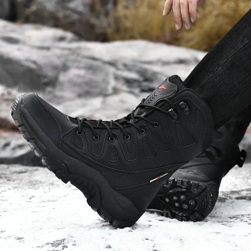 Men's cowhide leather hi-top hiking sneaker in beige, suitable for running, climbing and camping.