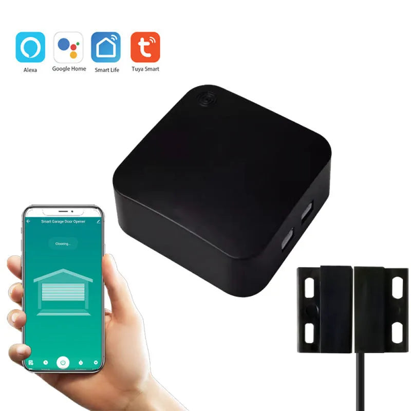 Black plastic smart garage door controller with WiFi and app for remote access and voice control.