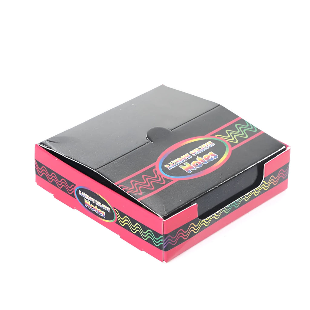 Colour box containing 100 black scratch art cards and a wooden stylus for kids' creative painting.