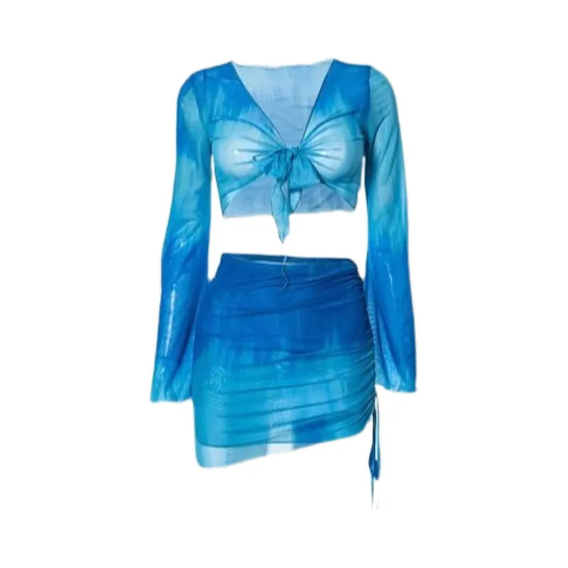Women's blue high waist bikini four-piece swimsuit set with ruffle skirt