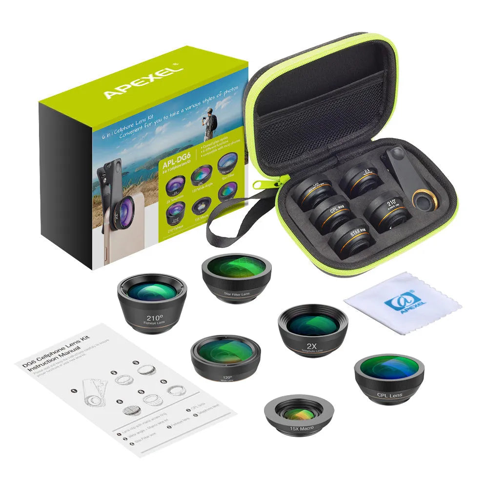 6-in-1 universal smartphone camera lens kit with aluminium housings and clip mount