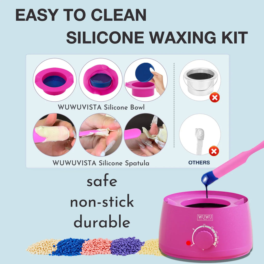WUWUVISTA 63-piece hard wax hair removal kit with black wax warmer, beads, lotion, and tools