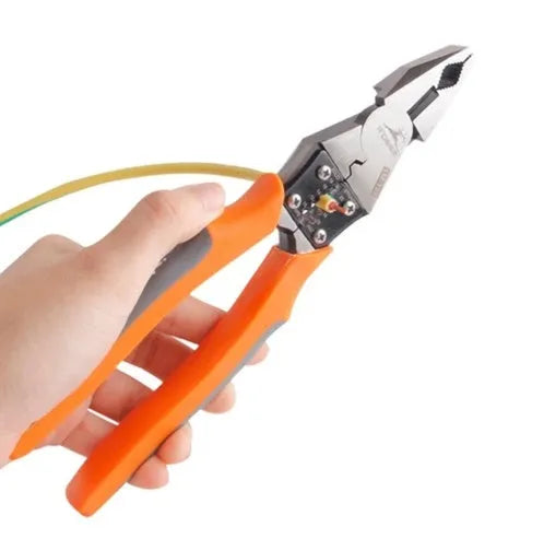 Orange multi-function wire cutter pliers with PVC handles and alloy steel jaws.
