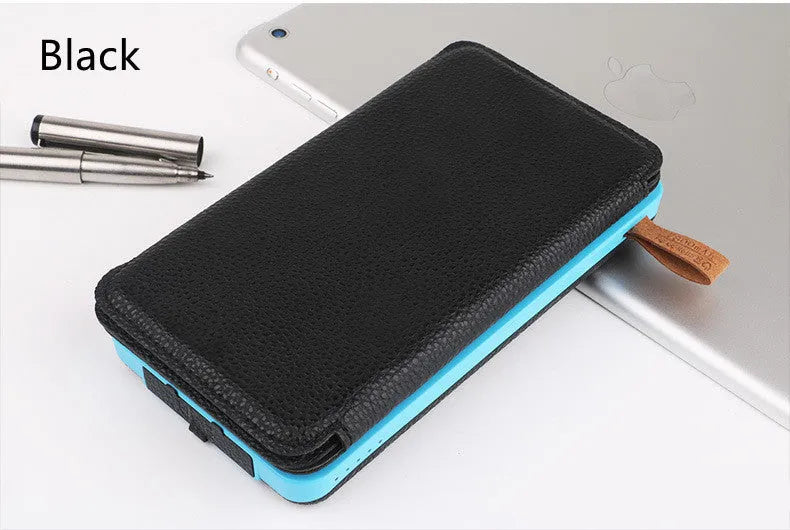 Outdoor solar phone charger power bank with solar panel and LED light in blue colour