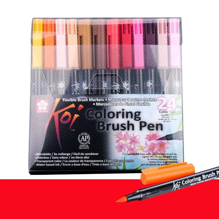 Set of refillable watercolour brush markers with soft tips, showing 12 vibrant colours in a case.