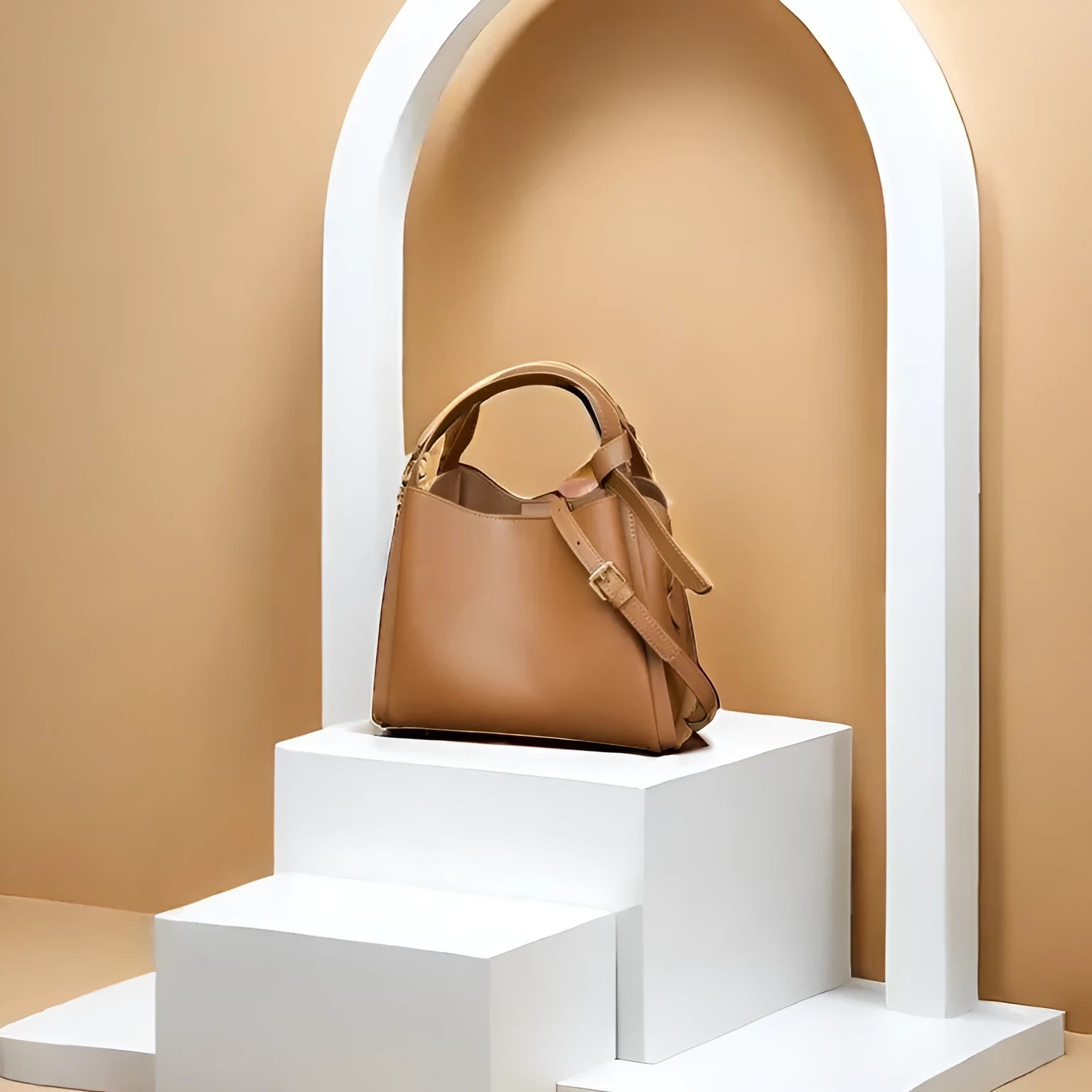 Women's soft cowhide crossbody bucket bag in tea brown colour with shoulder strap