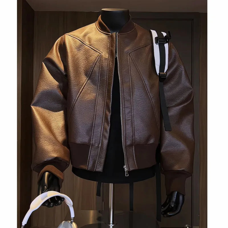 Men's black PU leather jacket with litchi grain texture and extended length design