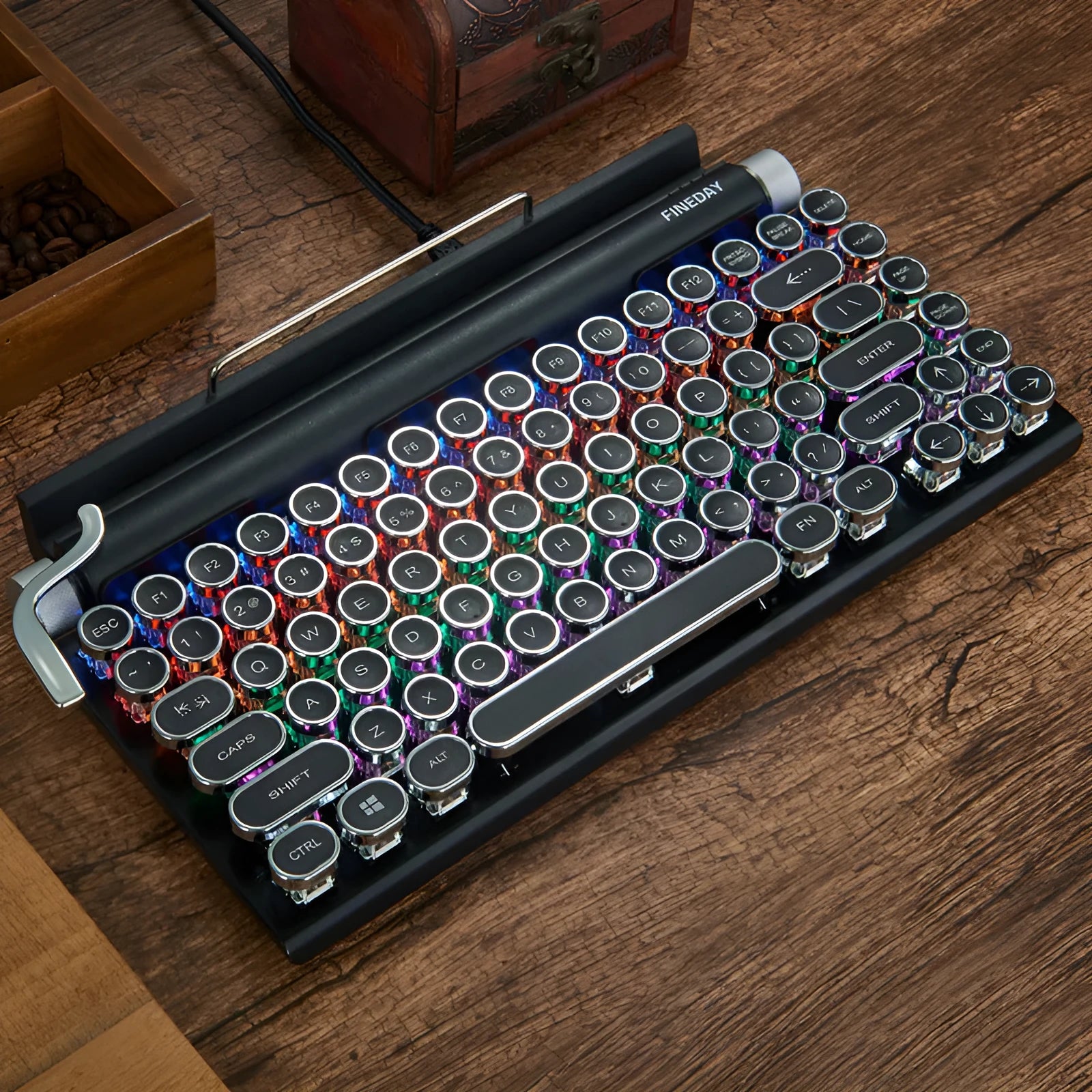 Black retro-style mechanical keyboard with colourful backlit keys on a desk.