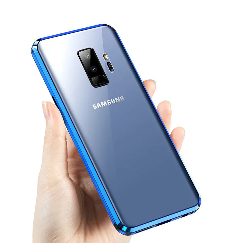 Black clamshell phone case with magnetic closure for Samsung Galaxy, showing anti-peeping screen.