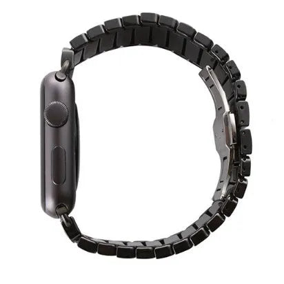 Ceramic Apple Watch strap with stainless steel clasp in black and white colour options