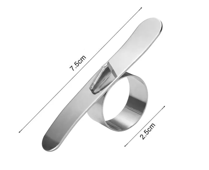 Silver stainless steel finger ring fruit peeler for citrus and pomegranates.