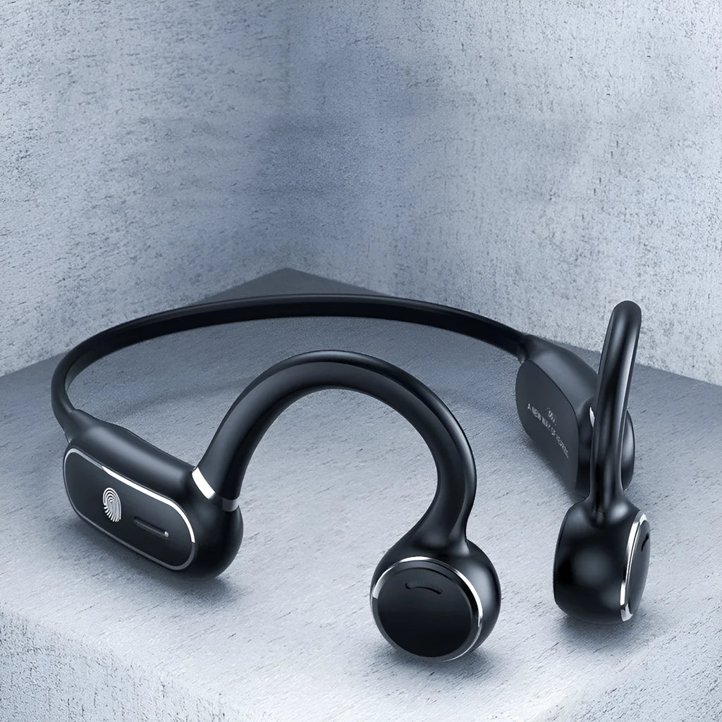 Black air conduction wireless Bluetooth earphones with an ergonomic ear hook and flexible titanium neckband.