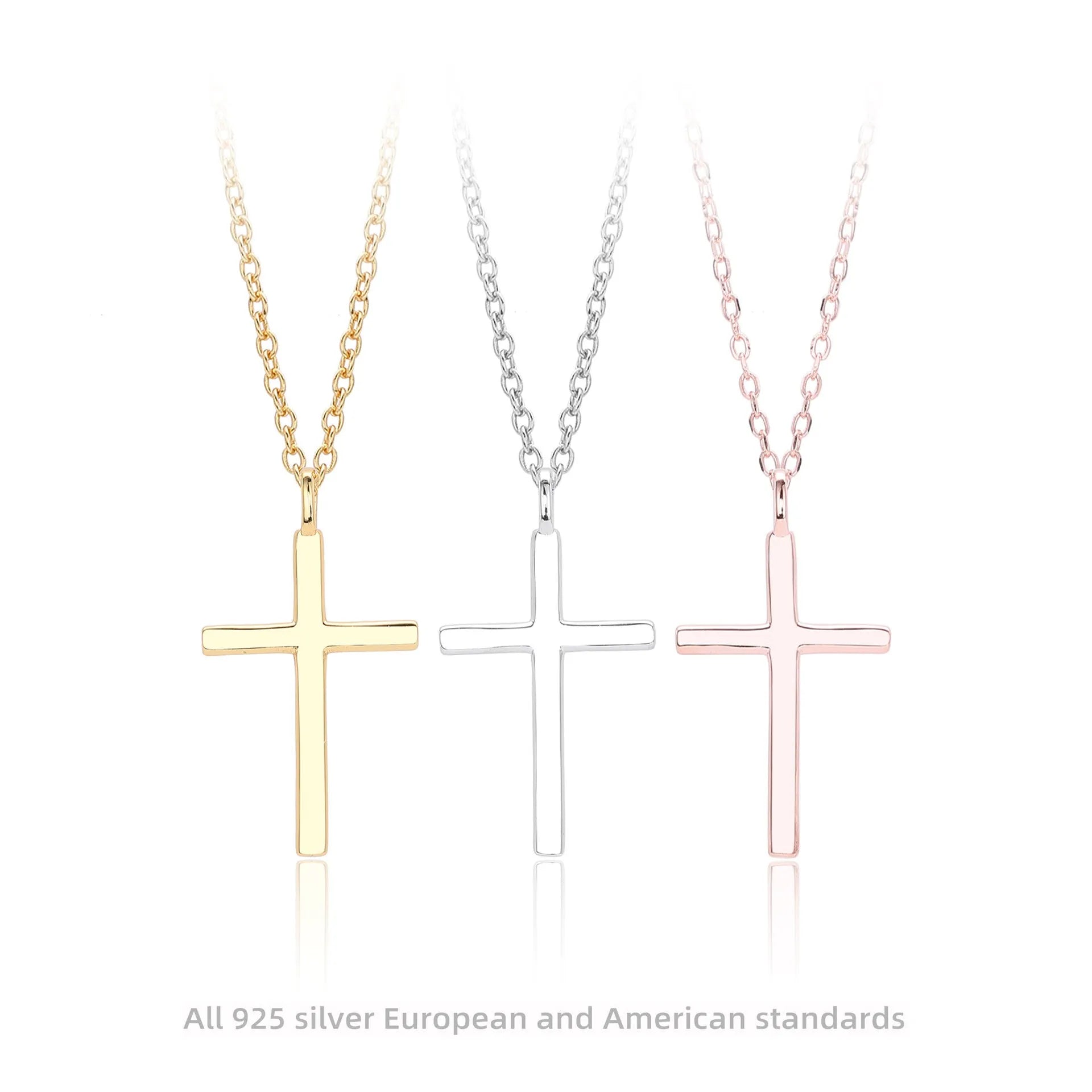 S925 sterling silver necklace with glossy cross pendant on an adjustable O-chain in gold, platinum, or rose gold finish.