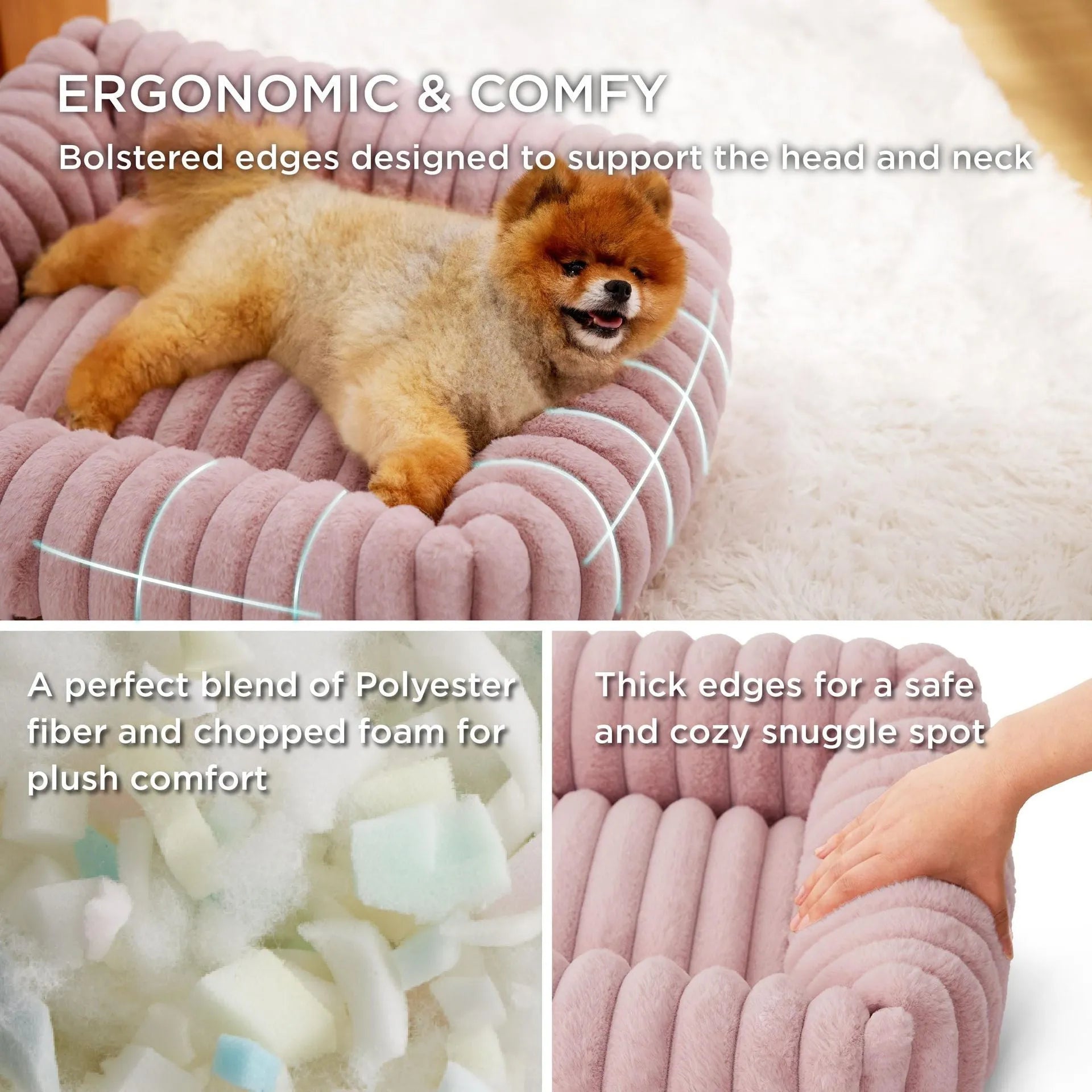 Beige removable cover pet bed for a medium-sized dog on a wooden floor.