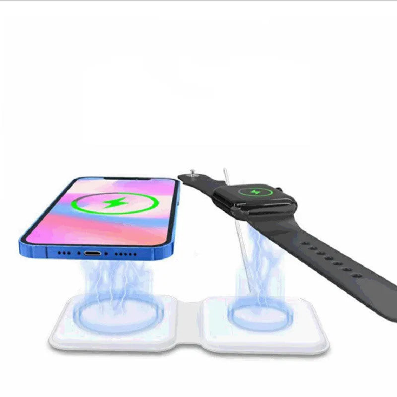 White folding dual magnetic wireless charging dock showing 180-degree angle adjustment.
