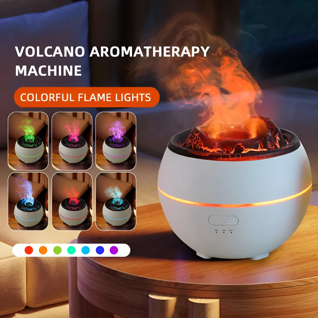 White round desktop flame aroma diffuser and humidifier with USB plug on a wooden table.
