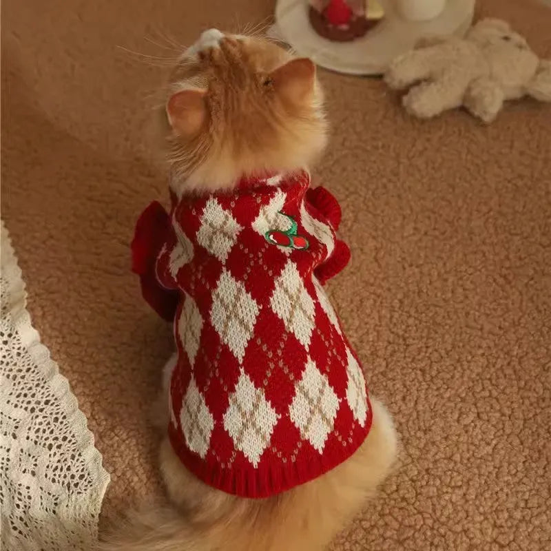 Red cat sweater with diamond embroidery cherry pattern for autumn and winter wear