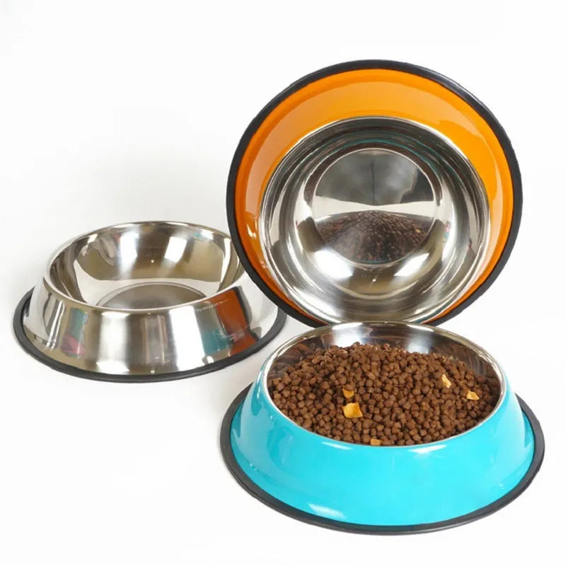 Stainless steel and colourful melamine pet bowl with non-slip rubber ring base in pink, green, red, blue, orange, yellow.