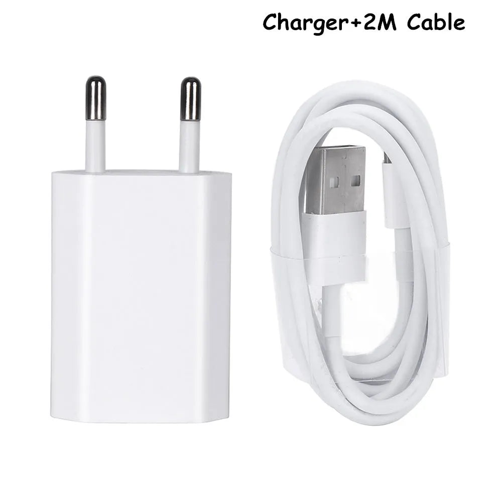 USB travel charger and cable set compatible with iPhone and iPad models for 5V quick charging