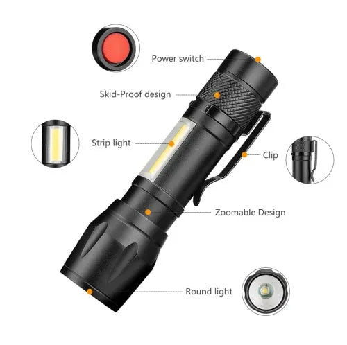 Black aluminium alloy mini telescopic LED flashlight with adjustable zoom focus and clip for daily carry