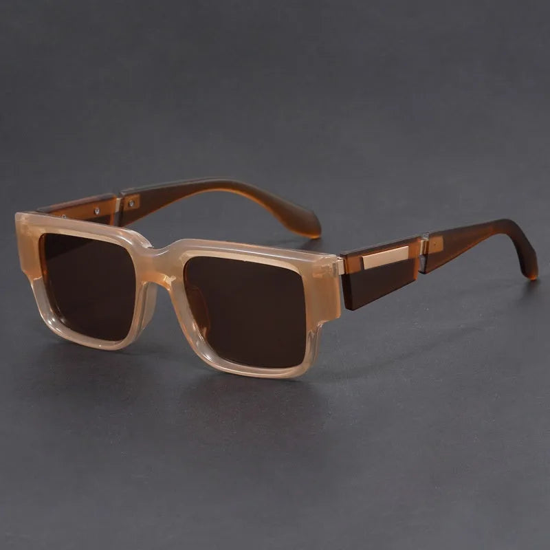 Square thick frame sunglasses with blue gray lenses and retro styling