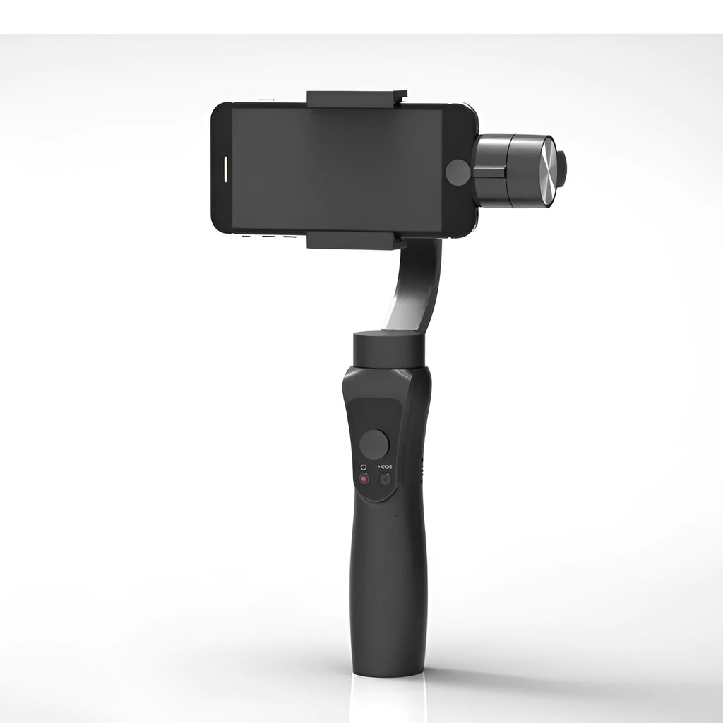 Black handheld 3-axis motorised gimbal stabiliser for mobile phones on a dark background.