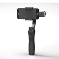 Black handheld 3-axis motorised gimbal stabiliser for mobile phones on a dark background.
