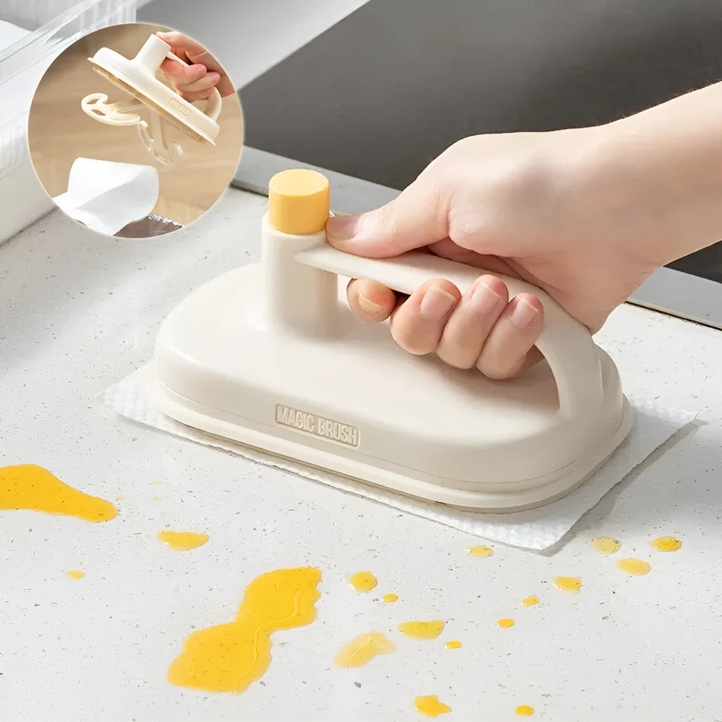 Magic Brush disposable cleaning brush with handle, 50 white rag refills, and a storage box holder.