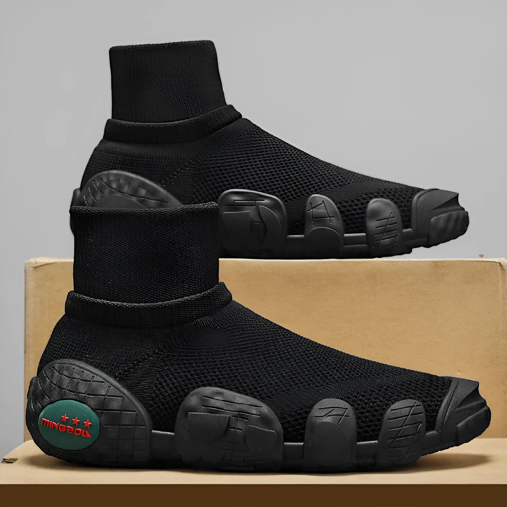 Breathable knitted mesh sneakers for men mid-top flat heel round toe solid colour blocking available in black brown army green sizes 39-46