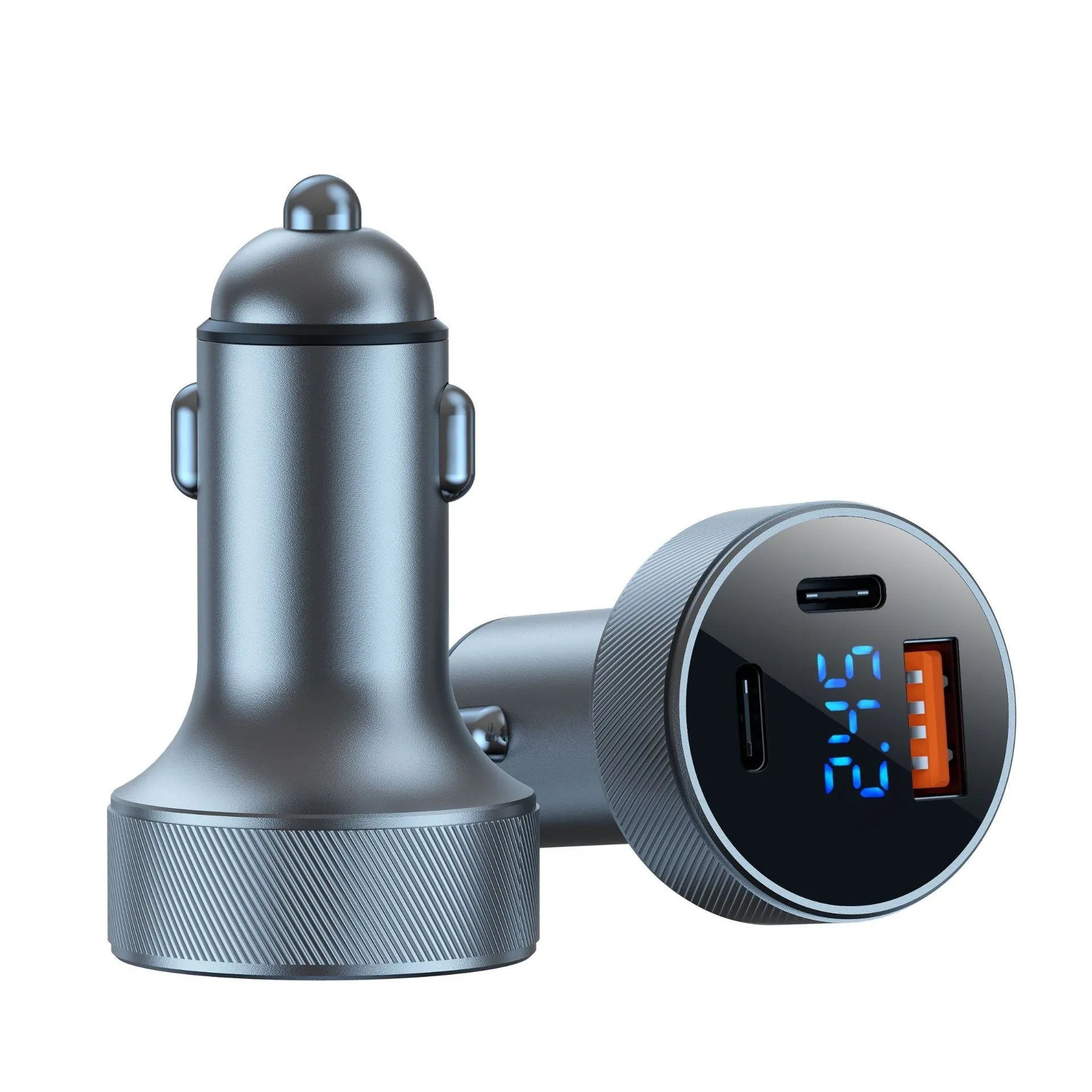 Black aluminium alloy car charger with digital display and four USB ports for vehicle use