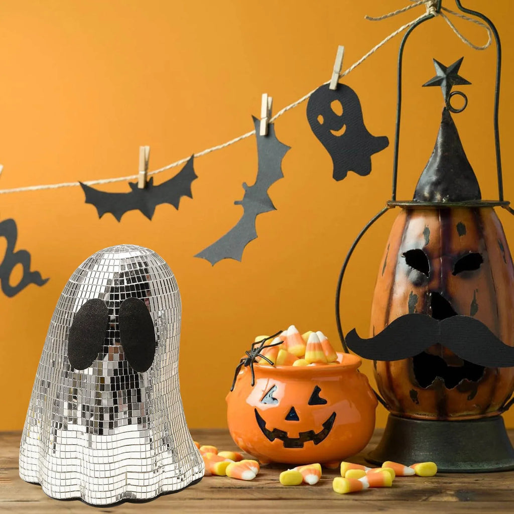 Silver Halloween ghost decoration with mosaic mirror patches for desktop display
