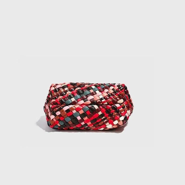 Women's woven shoulder bag in PU material with textured pattern, showing 18cm length by 11cm width by 14cm height dimensions.