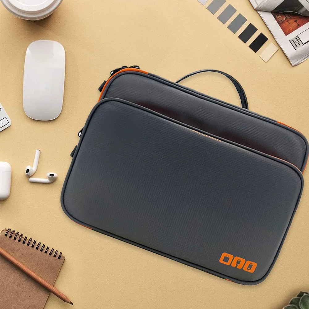 Grey three-layer travel storage bag with waterproof polyester construction and sewing line detailing