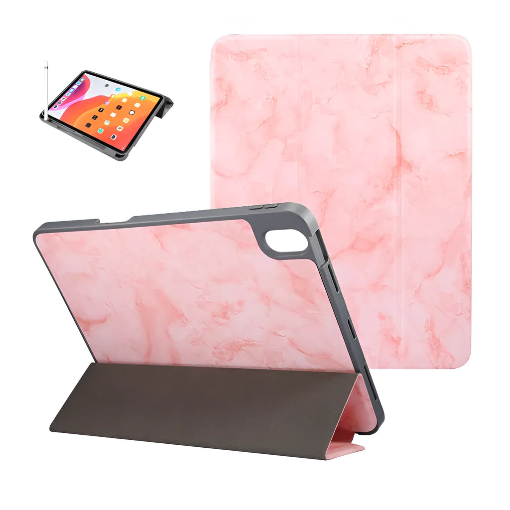 Dark grey marbling pattern iPad case folded in a stand position, showing the Apple Pencil slot.