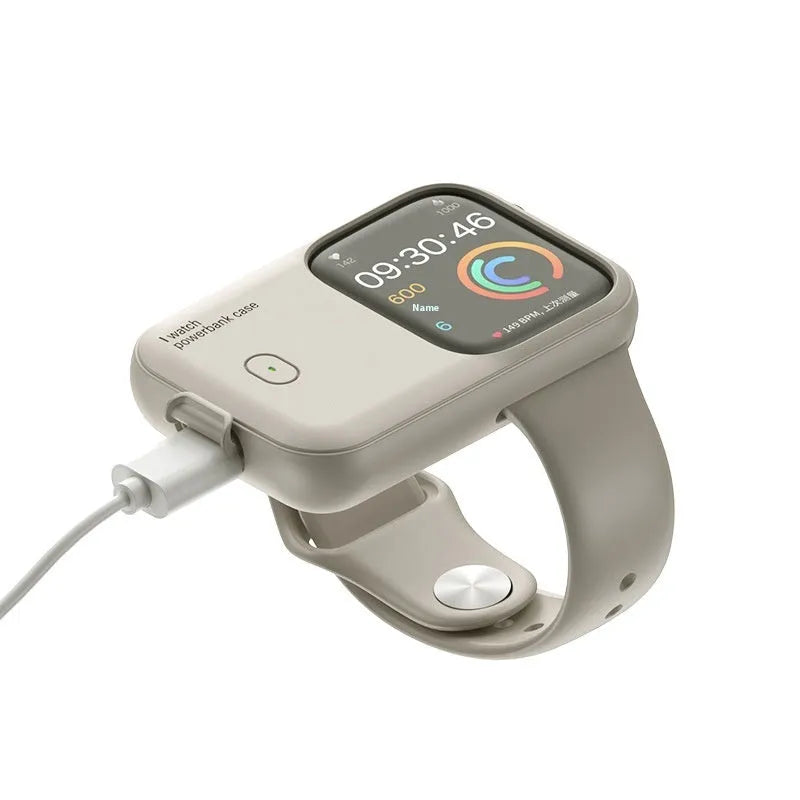 Apple Watch portable wireless power bank charging case with silicone sleeve in brown colour.